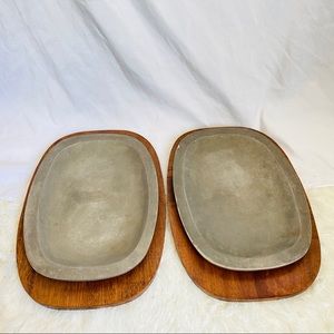 Vntg MCM Sizzling Steak Plates w/ Wood Base -Set 2